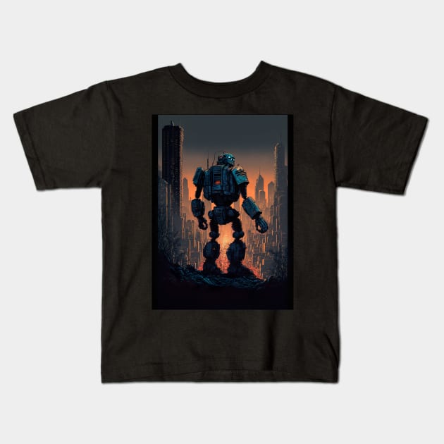 Giant futuristic robot attacking the city Kids T-Shirt by KoolArtDistrict